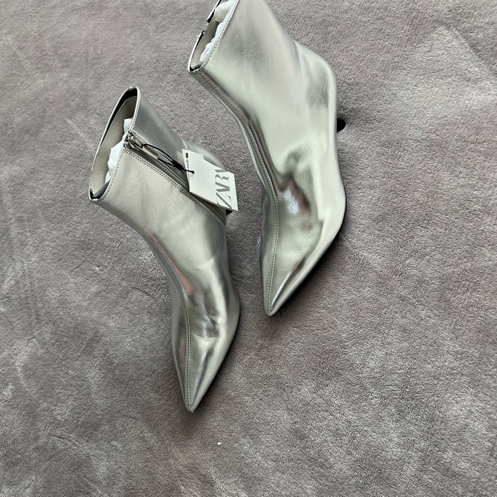 Zara Metallic Kitten Heel Ankle Boots Metallic Effect Thin Heel Pointed Toe NWT